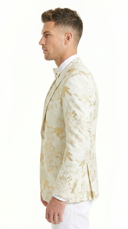 Men’s Off White and Gold Floral Paisley Tuxedo Blazer, Big and Tall Sparkling Formal Sport Coat