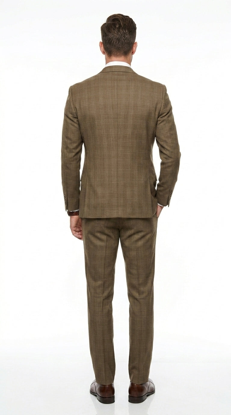 Men’s Taupe Tan Coffee Windowpane Plaid 3 Piece Suit, Two Button Vested Wedding Business Suit Set