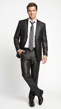 Men’s Vitali Black Sharkskin 2 Button Suit, Formal Wedding Business Dress Suit Set