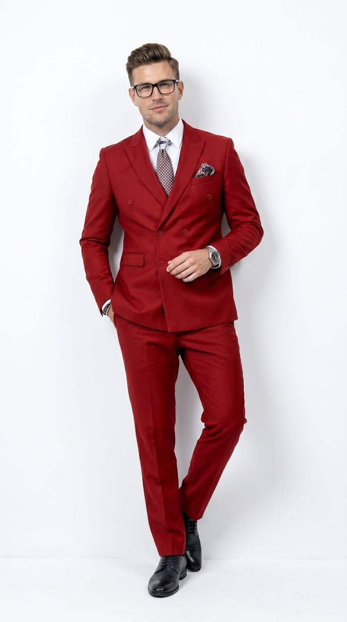 Men’s Modern Double Breasted Peak Lapel Suit – Red by EJ Samuel