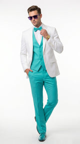 White and Turquoise Tuxedo Wedding Suit - White Dinner Jacket + Vest + Pants + Bow-tie