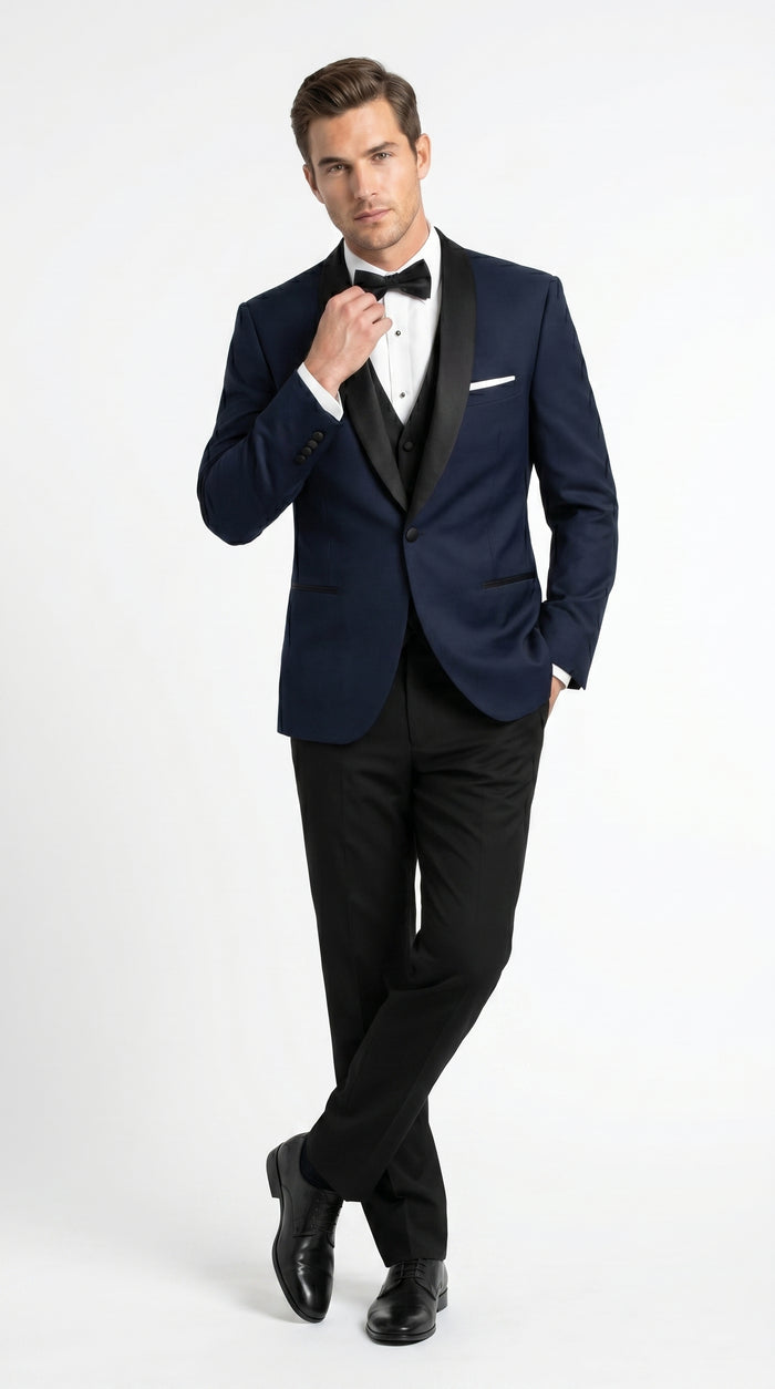 Suit Midnight Dark Navy Blue Suit For Men Tux With Black Lapel Suit Shawl Collar 1 Button Dinner Jacket Looking