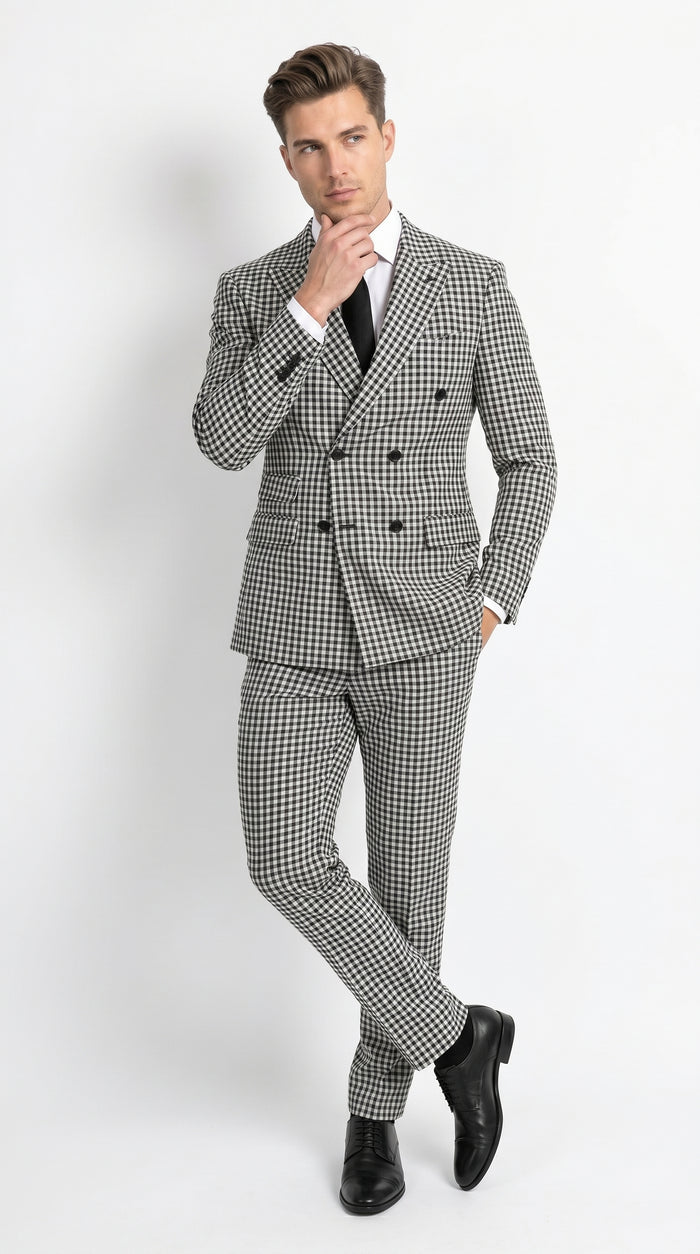 Men’s Black and White Houndstooth 2 Piece Wool Suit with Double Breasted Jacket and Pants  Modern Fit