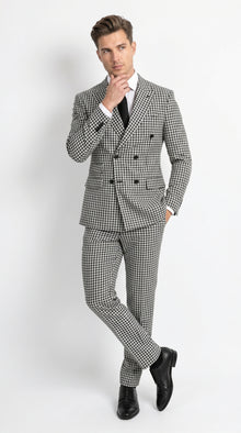 Men’s Black and White Houndstooth 2 Piece Wool Suit with Double Breasted Jacket and Pants