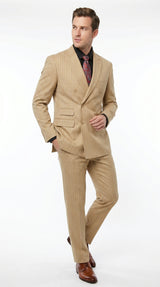 Mens Double Breasted Gangster Bold Pinstripe Suit in Camel
