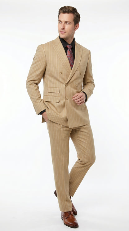 Mens Double Breasted Gangster Bold Pinstripe Suit in Camel