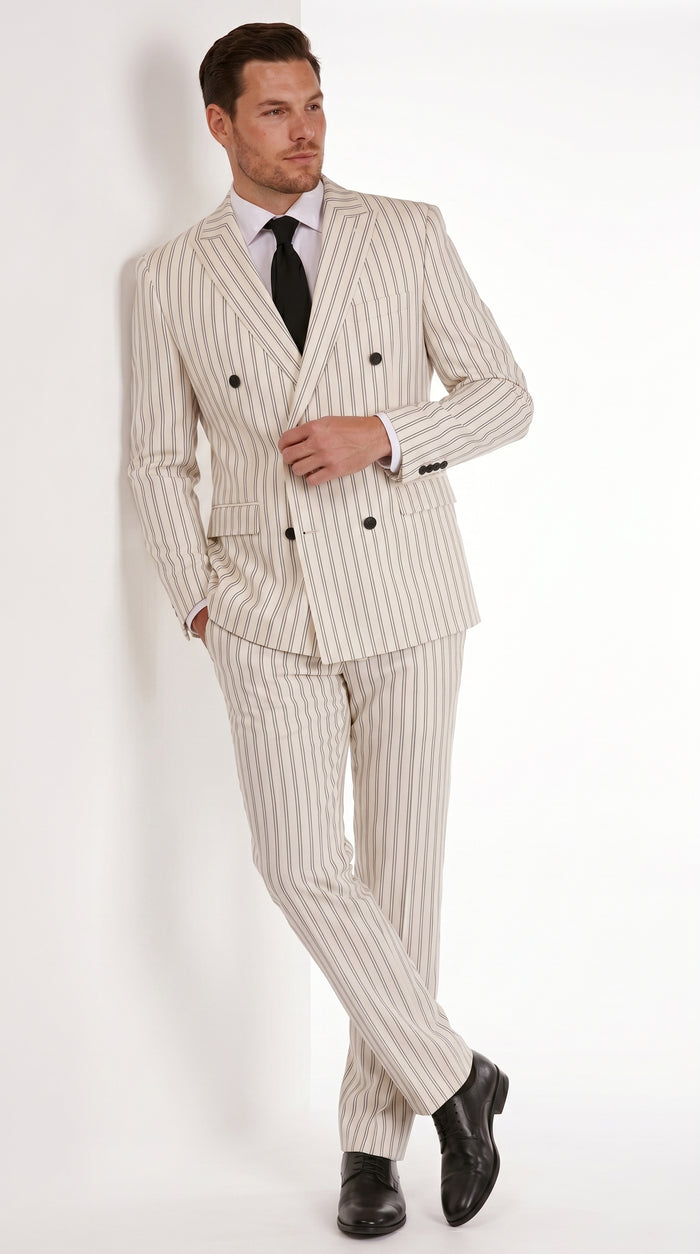 Men’s Off White Double Breasted Pinstripe Suit with Jacket and Pants, Formal Wedding Dress Suit