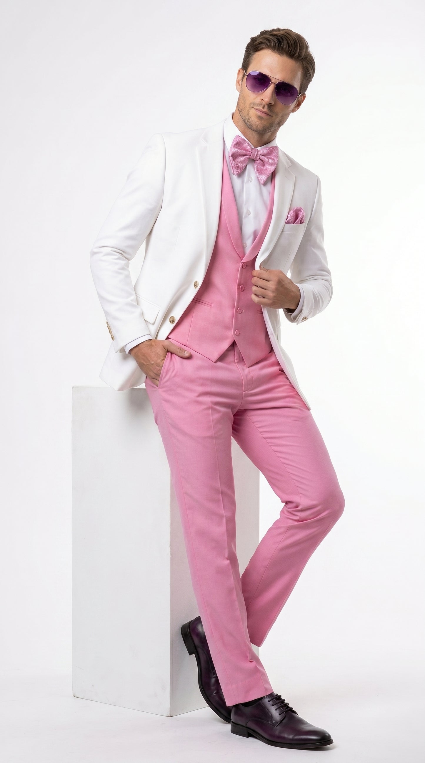 Men’s White and Light Pink Tuxedo Wedding Suit with Dinner Jacket, Vest, Pants and Bow Tie