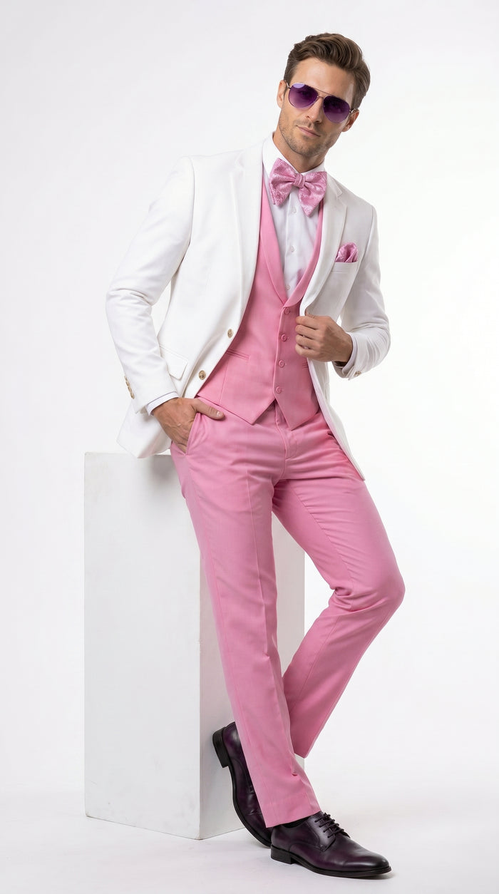 Men’s White and Light Pink Tuxedo Wedding Suit with Dinner Jacket, Vest, Pants and Bow Tie