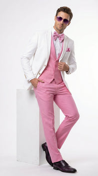 Men’s White and Light Pink Tuxedo Wedding Suit with Dinner Jacket, Vest, Pants and Bow Tie