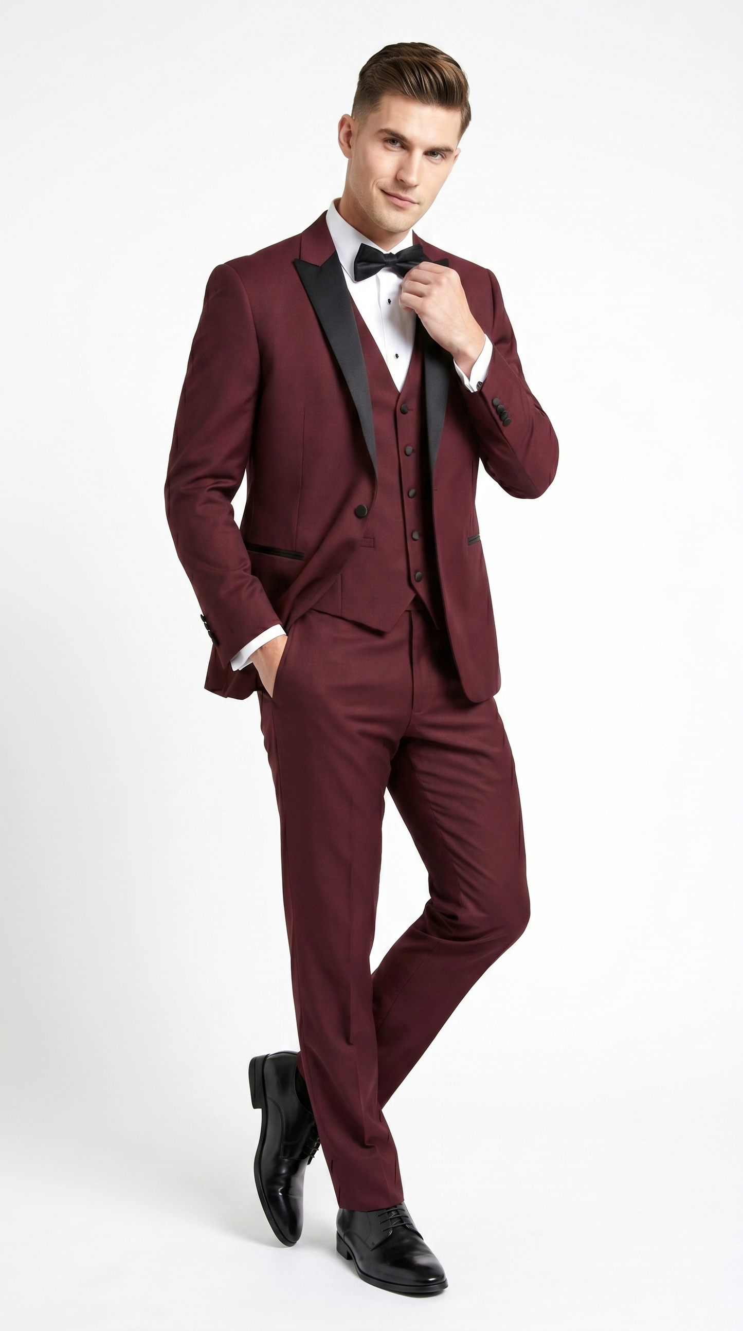 Men’s Burgundy Wine Tuxedo Suit with Black Peak Lapel, Jacket and Pants Formal Dinner Suit