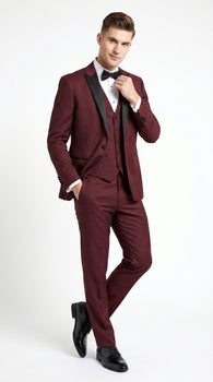 Men’s Burgundy Wine Tuxedo Suit with Black Peak Lapel, Jacket and Pants Formal Dinner Suit