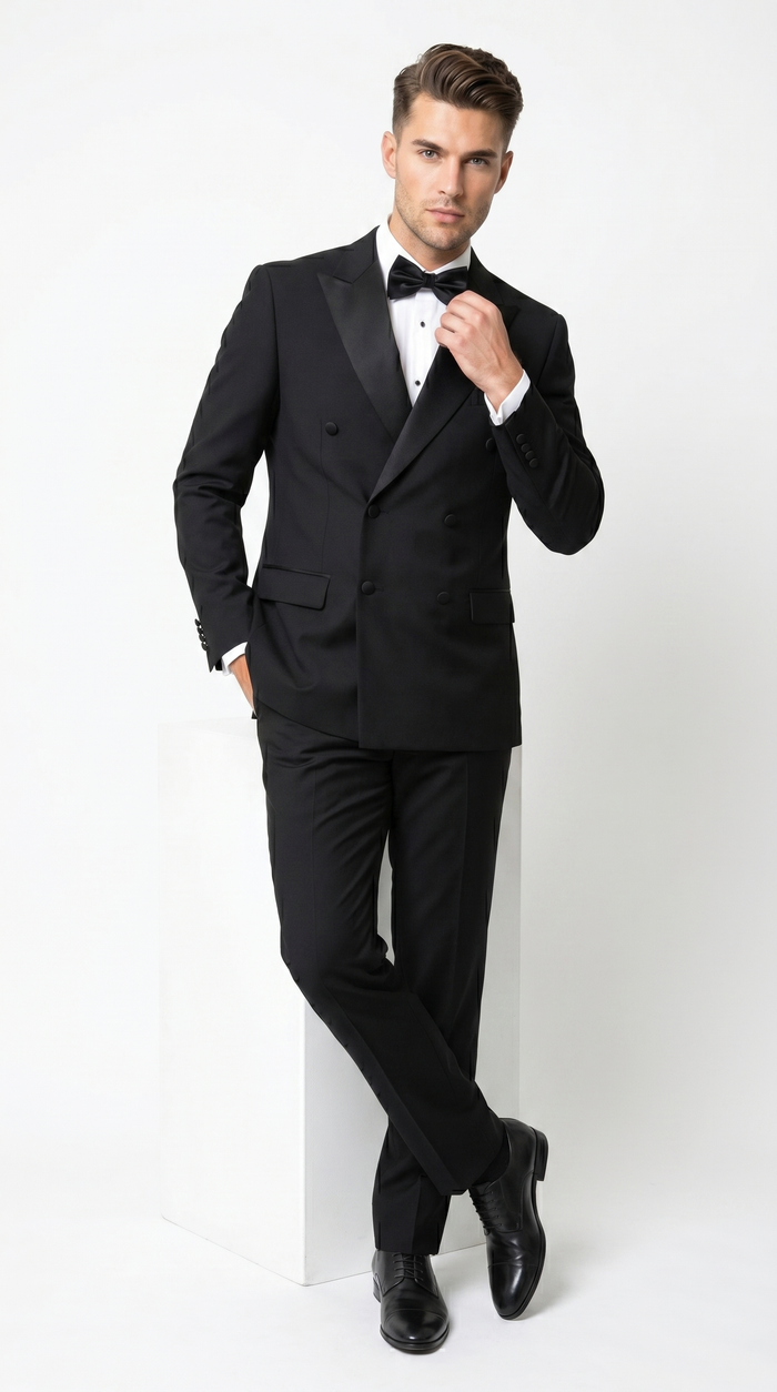 Men’s Black Double Breasted Tuxedo with Super 150s Style, Designer Formal Wedding Dinner Suit