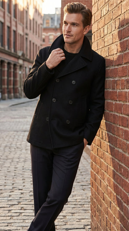 Men’s Black Big and Tall Wool Peacoat with Three Button Double Breasted Closure