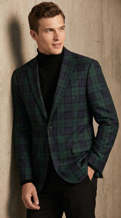 Men’s Green Tartan Plaid Dinner Jacket with Notch Lapel, Formal Sportcoat Blazer