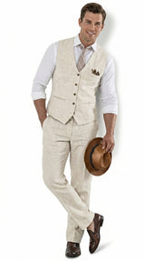 Men’s Beige Groomsmen Summer Vest and Pants Set, Beach Wedding Prom Formal Outfit