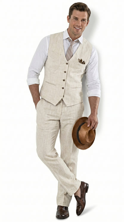 Men’s Beige Groomsmen Summer Vest and Pants Set, Beach Wedding Prom Formal Outfit