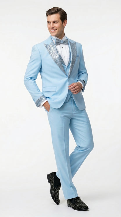 Men’s Baby Blue Prom Tuxedo with Vested Suit, Rhinestone Sequin Lapel and Matching Pants