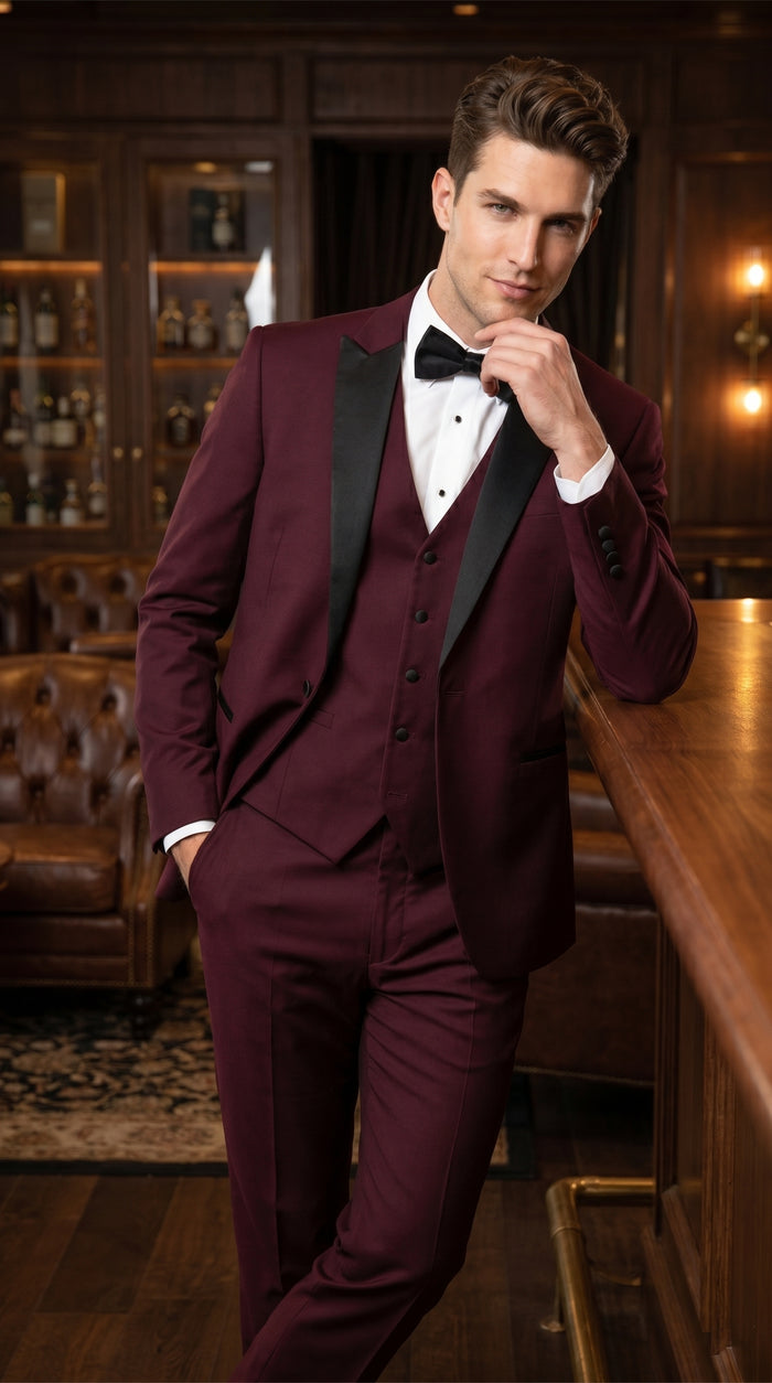 Men’s Burgundy Vested Wedding Tuxedo, One Button Jacket with Black Peak Lapel and Matching Pants
