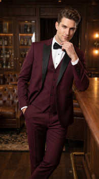 Men’s Burgundy Vested Wedding Tuxedo, One Button Jacket with Black Peak Lapel and Matching Pants