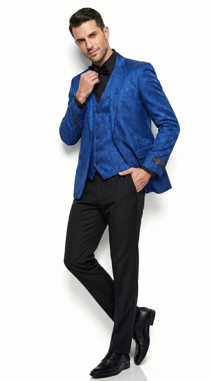 Men’s Royal Blue Indigo Paisley Prom Tuxedo Suit with Floral Jacket, Vest and Pants