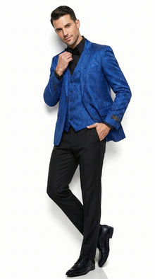Men’s Royal Blue Indigo Paisley Prom Tuxedo Suit with Floral Jacket, Vest and Pants