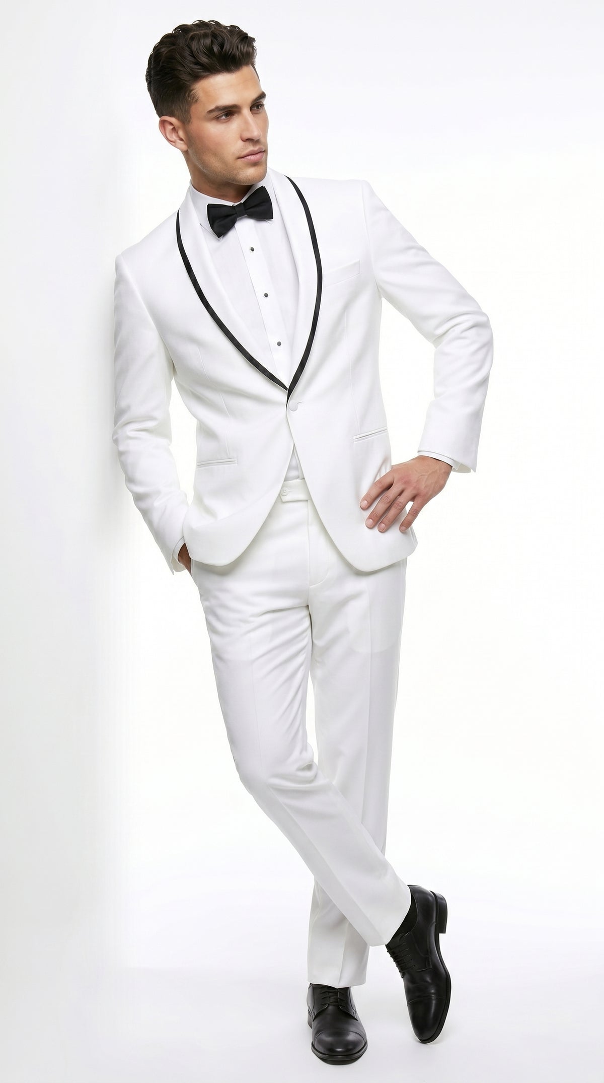 Men’s Waverly White 1 Button Shawl Tuxedo Jacket with Black Trim, Ike Evening Formal Blazer