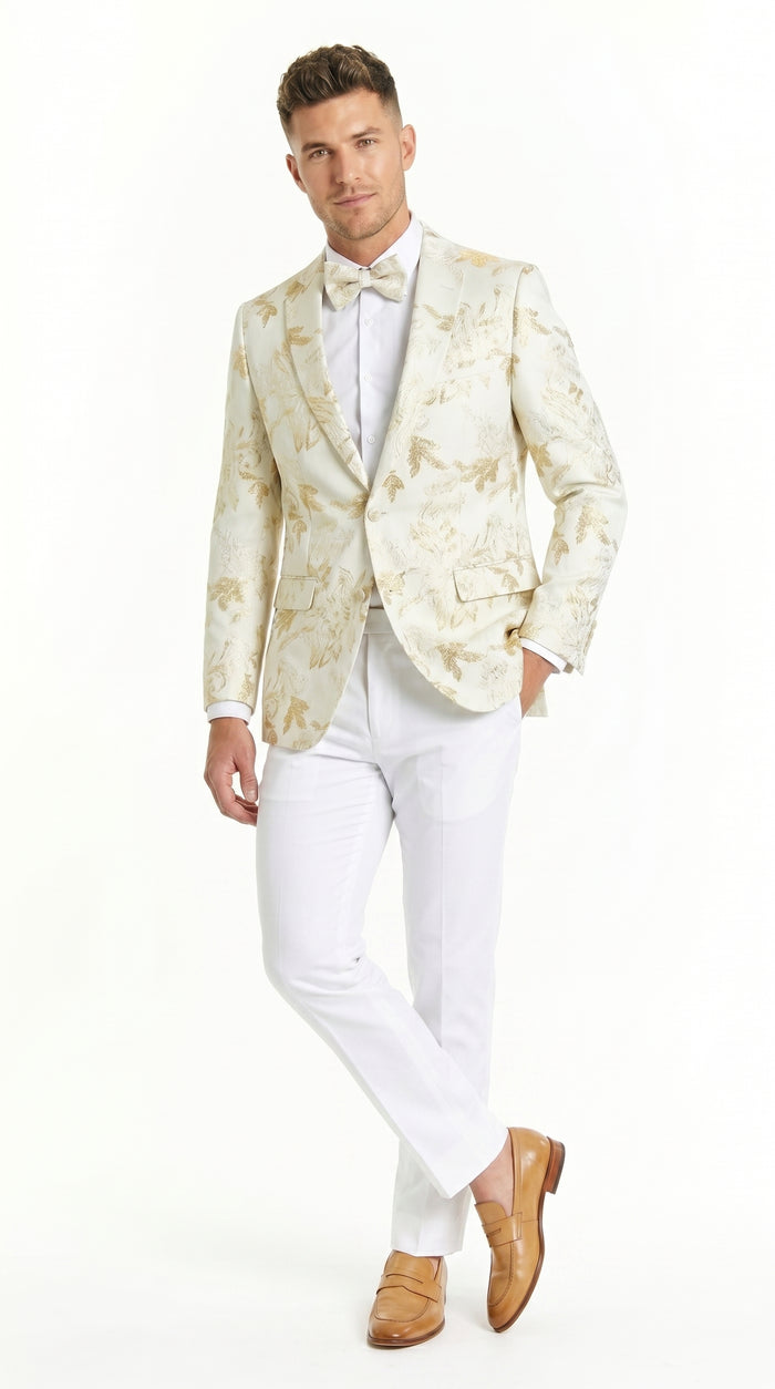 Men’s Off White and Gold Floral Paisley Tuxedo Blazer, Big and Tall Sparkling Formal Sport Coat