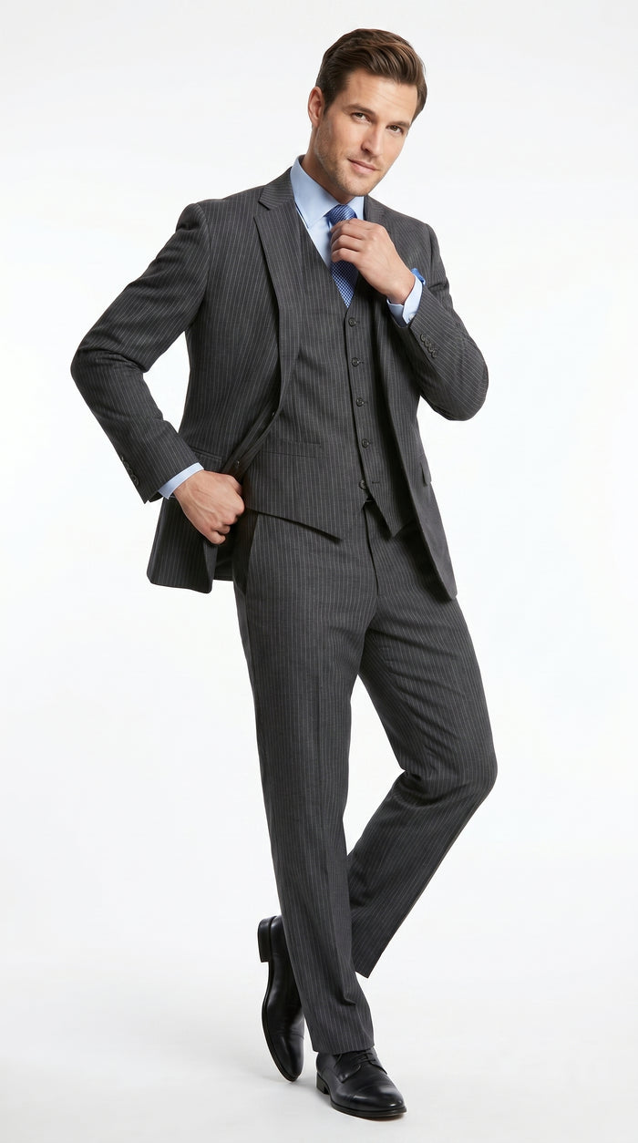Men’s Charcoal Gray Pinstripe 3 Piece Vested Suit with 2 or 3 Button Jacket, Formal Dress Suit