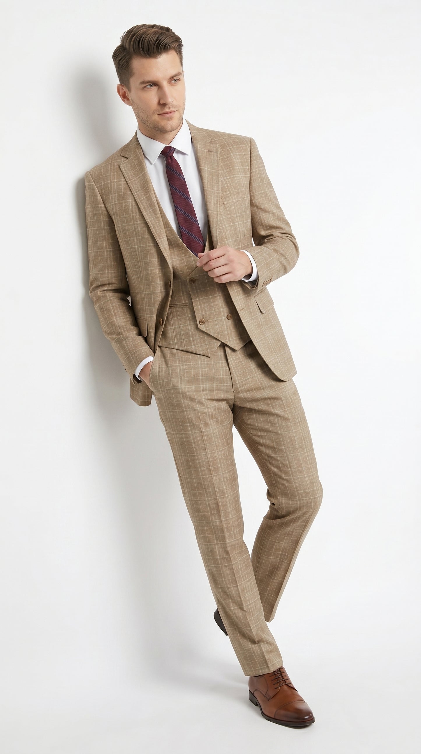 Men’s Camel Plaid Windowpane Vested Suit with 2 Button Jacket, Peak Lapel and Matching Pants