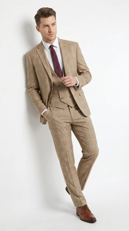 Men’s Camel Plaid Windowpane Vested Suit with 2 Button Jacket, Peak Lapel and Matching Pants