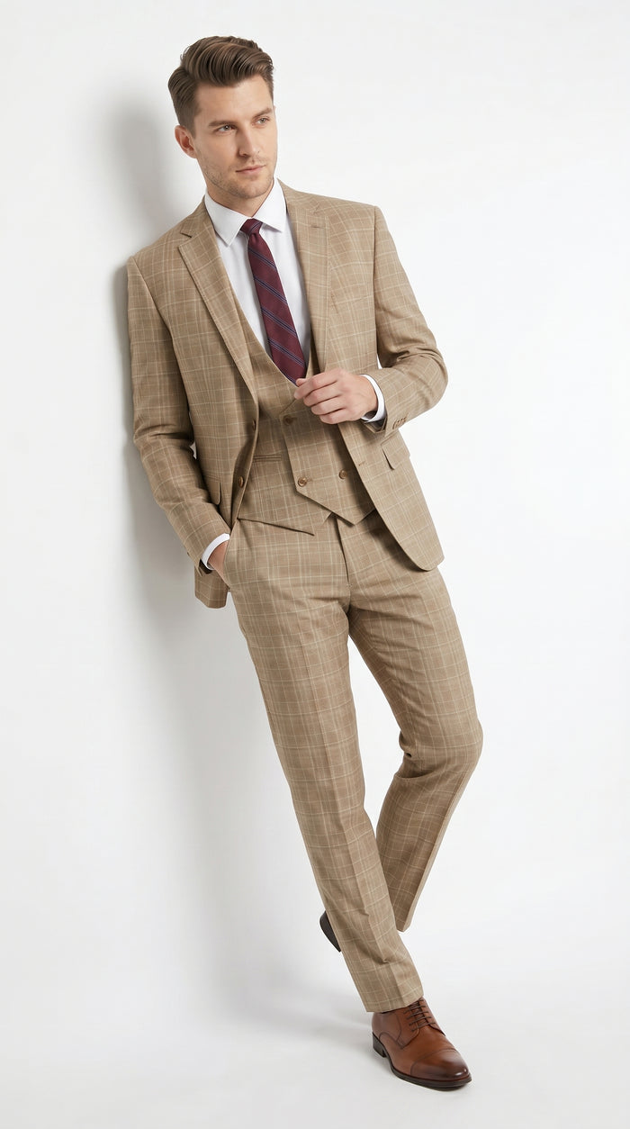 Men’s Camel Plaid Windowpane Vested Suit with 2 Button Jacket, Peak Lapel and Matching Pants Modern Fit