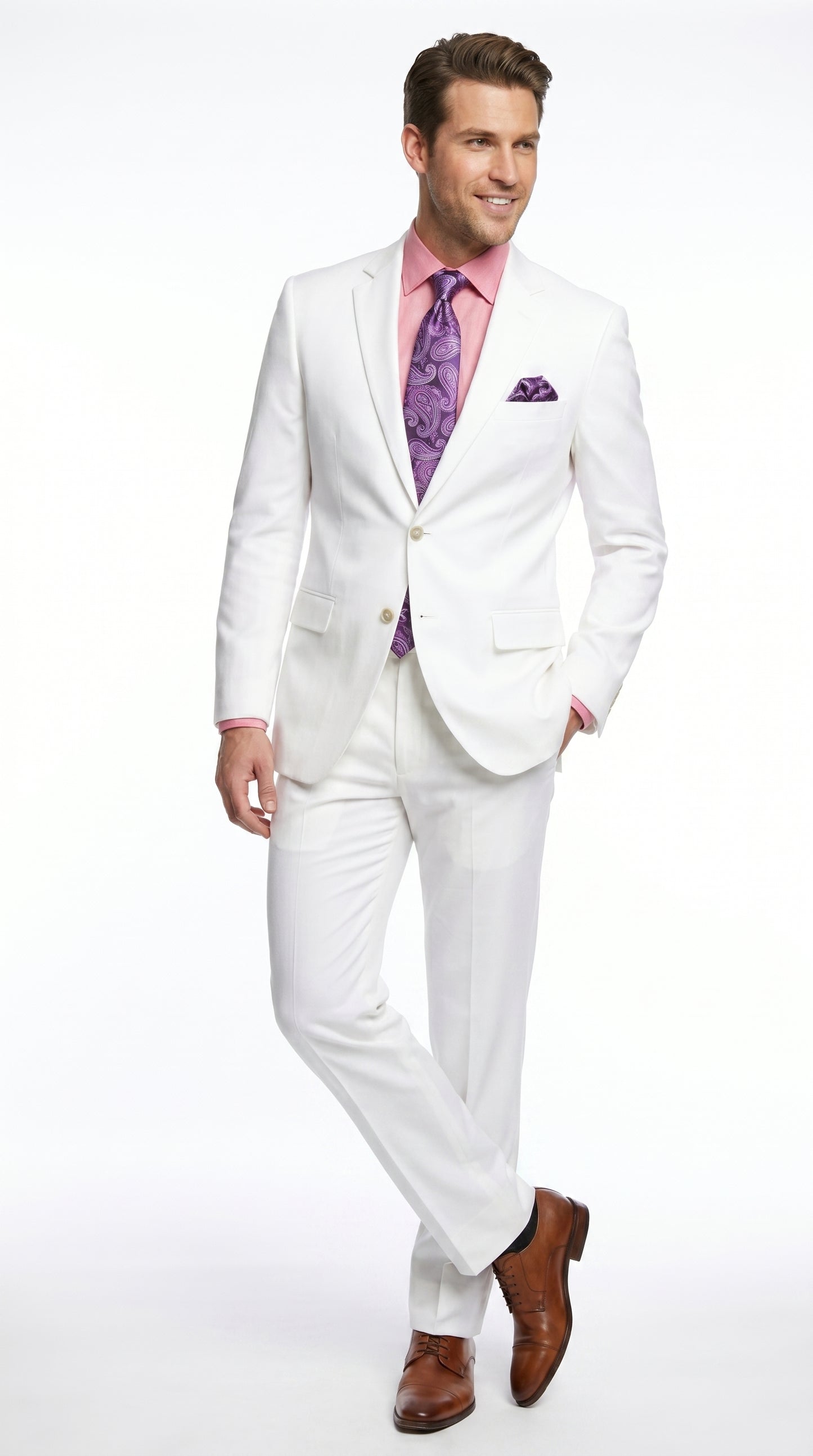 Men’s White Linen 2 Piece Suit with Two Button Jacket, Side Vents and Matching Pants