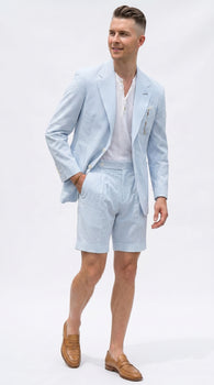 Men’s Light Blue Seersucker Suit with Shorts, Summer Mini Pinstripe Casual Dress Outfit