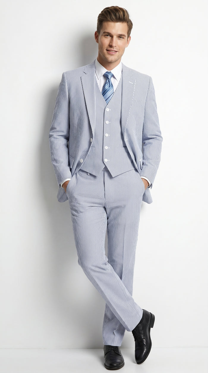 Men’s Light Blue Seersucker Suit with Jacket, Vest and Pants, High Quality Summer Dress Suit