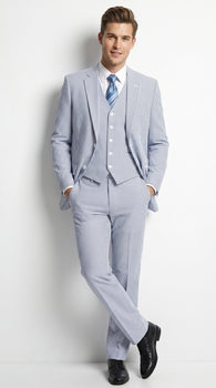 Men’s Light Blue Seersucker Suit with Jacket, Vest and Pants, High Quality Summer Dress Suit