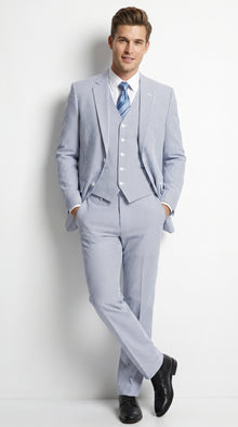 Men’s Light Blue Seersucker Suit with Jacket, Vest and Pants, High Quality Summer Dress Suit