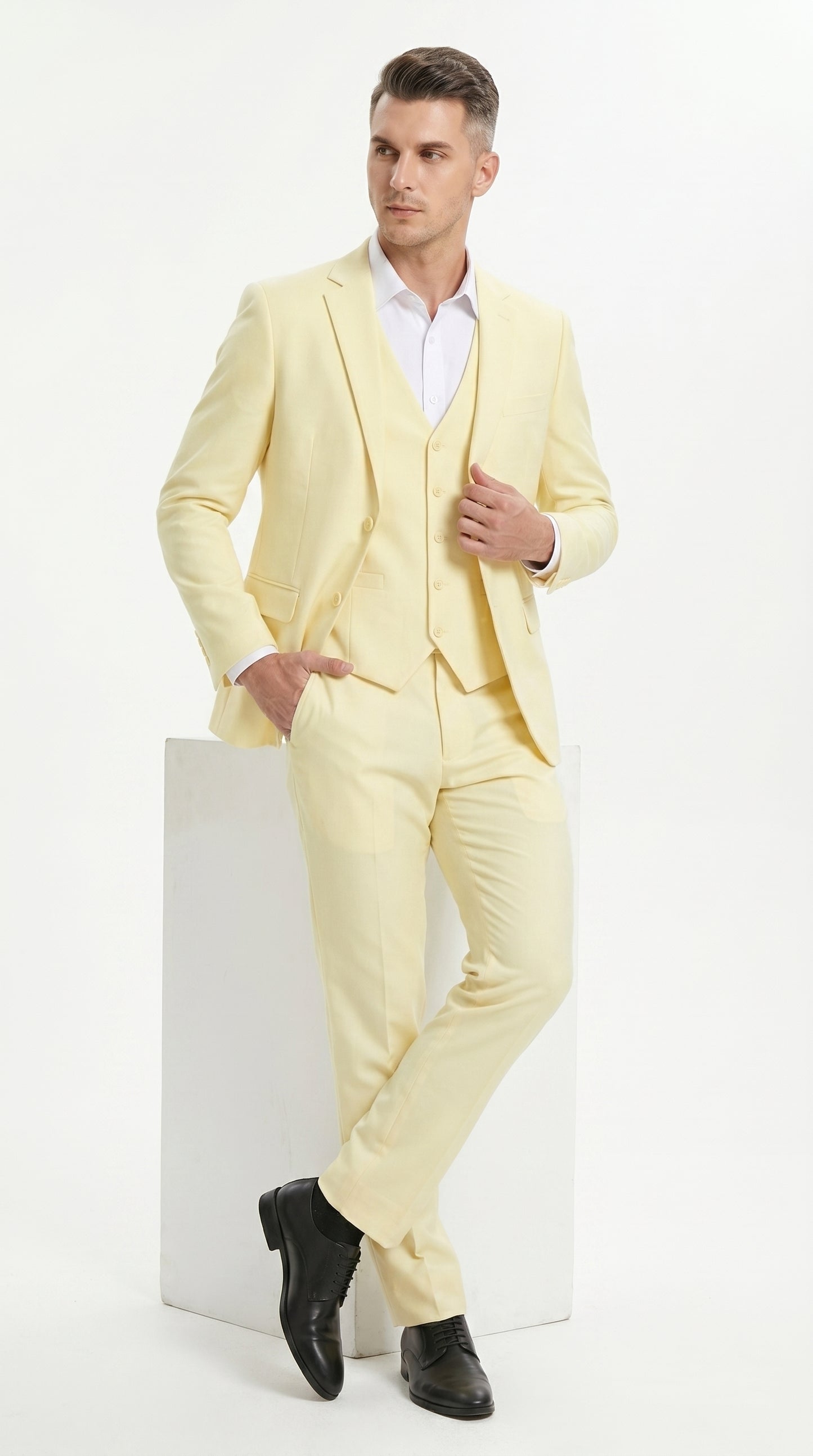 Men’s Yellow Seersucker Suit with Jacket, Vest and Pants, Summer Wedding Prom Dress Suit Modern Fit