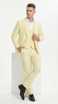 Men’s Yellow Seersucker Suit with Jacket, Vest and Pants, Summer Wedding Prom Dress Suit