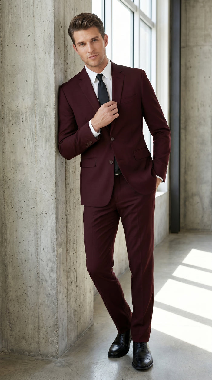 Men’s Burgundy Maroon Wine Suit with 2 Button Jacket and Matching Pants, Formal Wedding Dress Suit