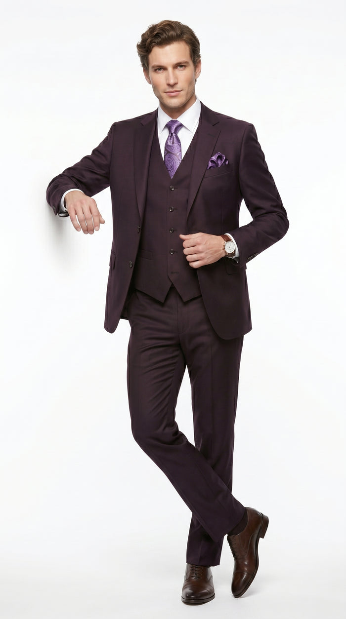 Men’s Very Dark Purple Plum Eggplant 3 Piece Suit, Classic Vested 2 Button Wedding Business Suit Set