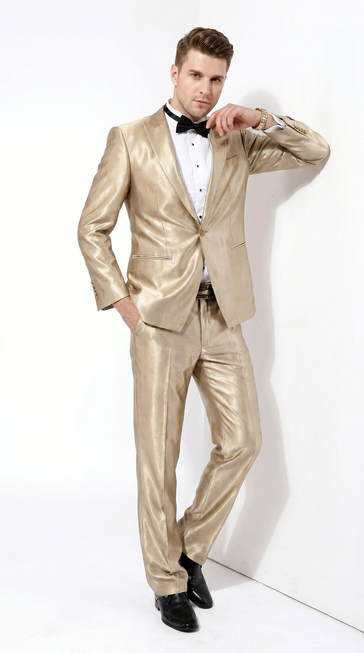 Men’s Champagne Tan Shiny Sharkskin 2 Button Suit, Formal Wedding Prom Dress Suit