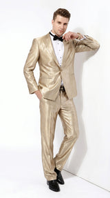 Men’s Champagne Tan Shiny Sharkskin 2 Button Suit, Formal Wedding Prom Dress Suit