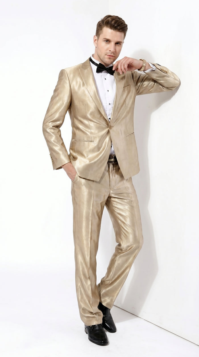 Men’s Champagne Tan Shiny Sharkskin 2 Button Suit, Formal Wedding Prom Dress Suit