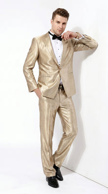 Men’s Champagne Tan Shiny Sharkskin 2 Button Suit, Formal Wedding Prom Dress Suit