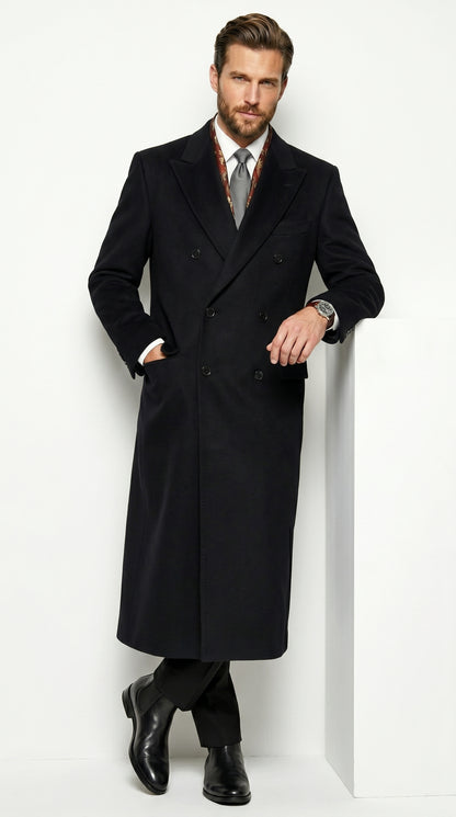 Men’s Black Six Button Fully Lined Overcoat, Long Winter Topcoat for Formal Business Wear