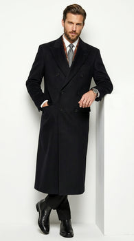Men’s Black Six Button Fully Lined Overcoat, Long Winter Topcoat for Formal Business Wear