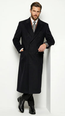 Men’s Black Six Button Fully Lined Overcoat, Long Winter Topcoat for Formal Business Wear