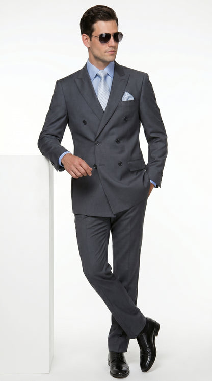 Men’s Charcoal Grey Double Breasted Wool Suit, Designer Formal Wedding Business Dress Suit Set Modern Fit