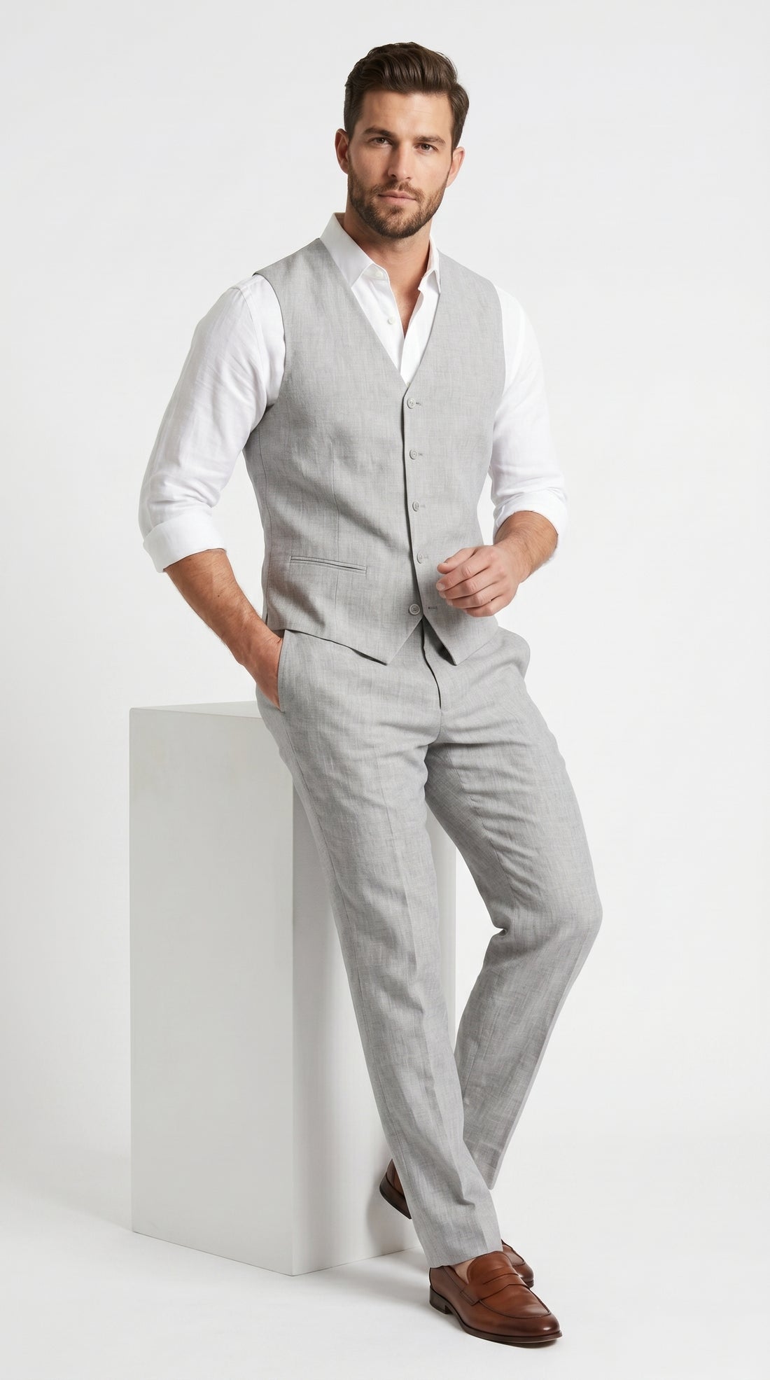 Men's Linen Suit Light Grey Feel Vest and Pants Set, Beach Wedding Summer Formal Outfit Gray Xxxxxl or 5XL